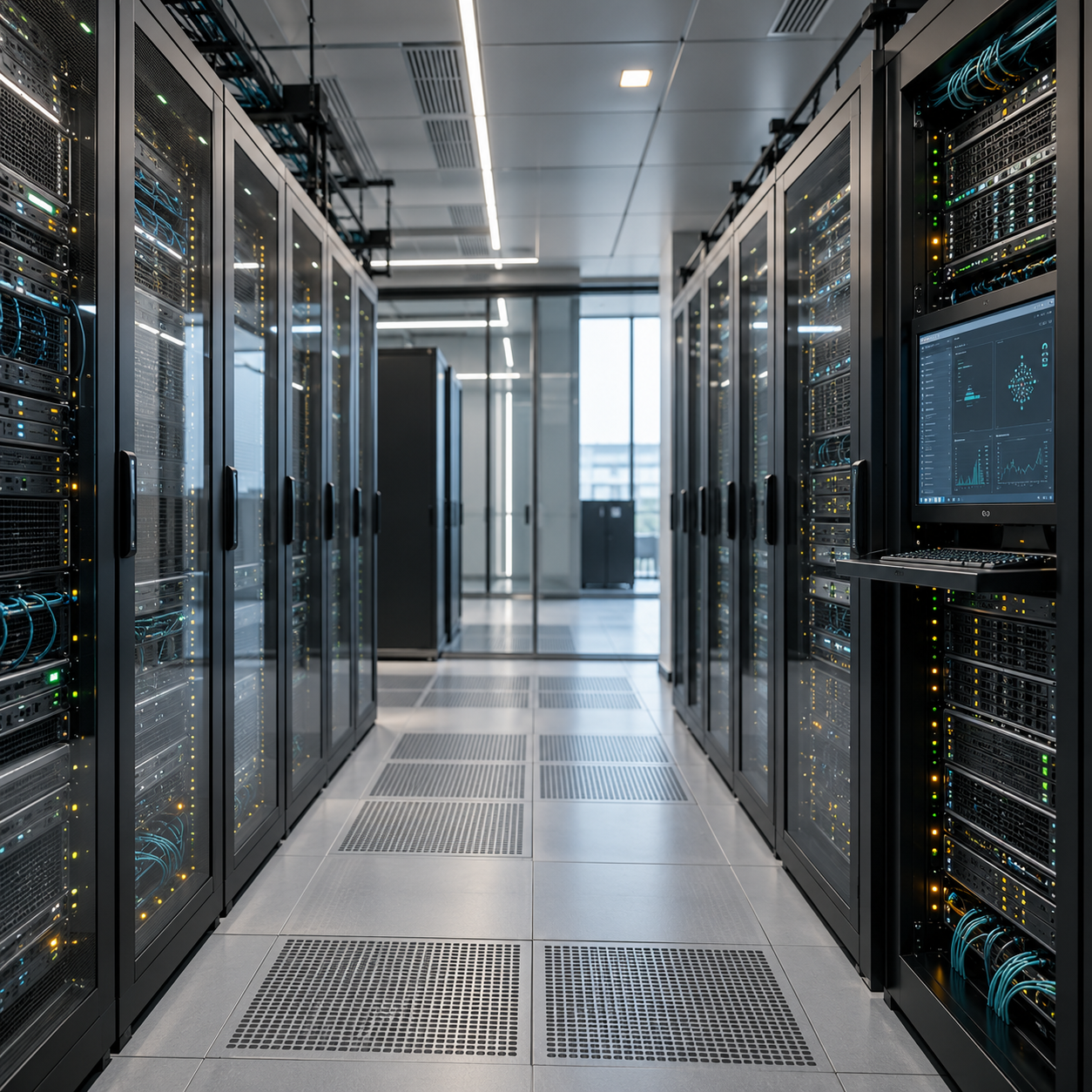 Serverruimte met computerrekken en een console