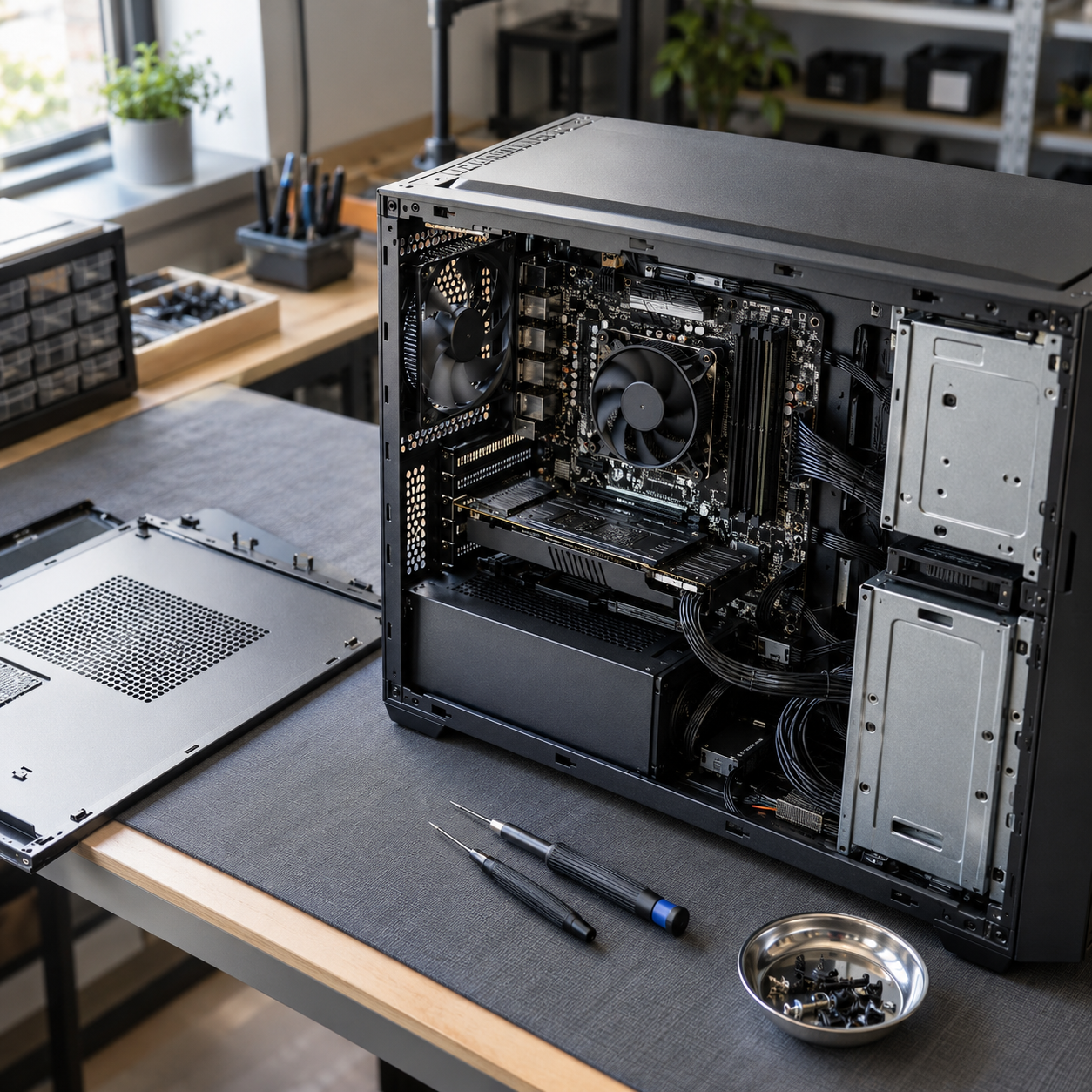 Open computer op een reparatiewerkbank